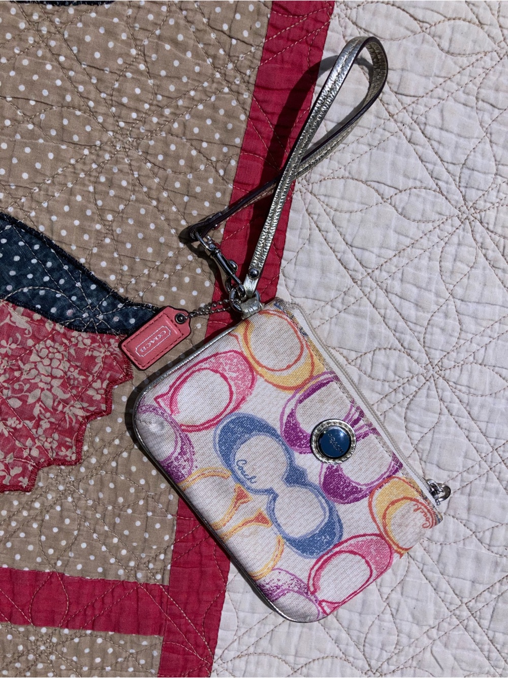 Coach Multicolor Circle Print Wristlet with Silver Strap